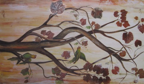 Araras com folha de uva.