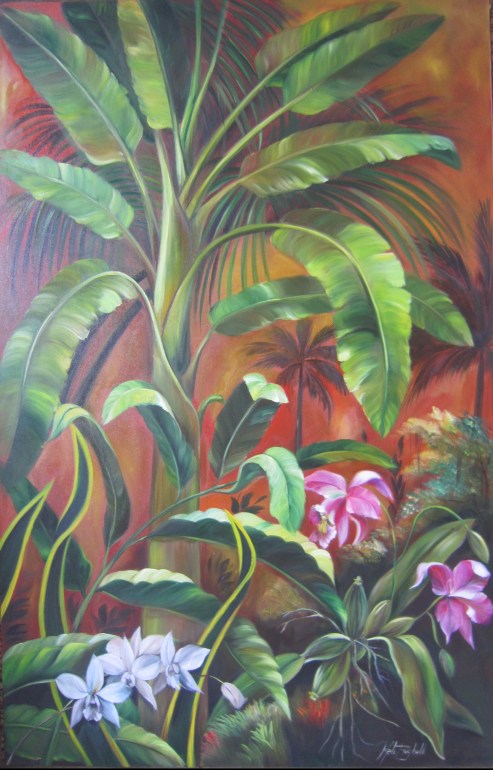 Óleo sobre tela Bananeira com Orquídeas