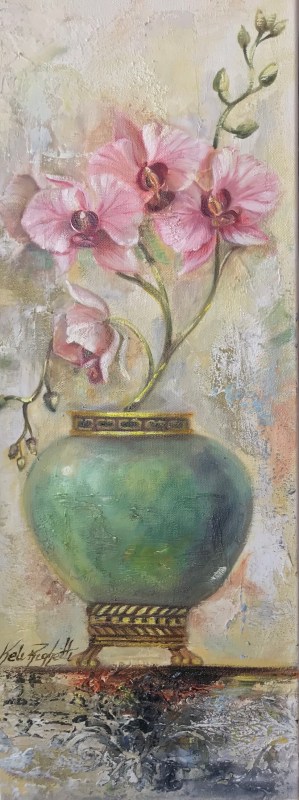 vaso azul com orquídeas