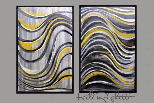 COMPOSIÇÃO EM TONS CINZA PRETO E AMARELO, ÓLEO SOBRE TELA